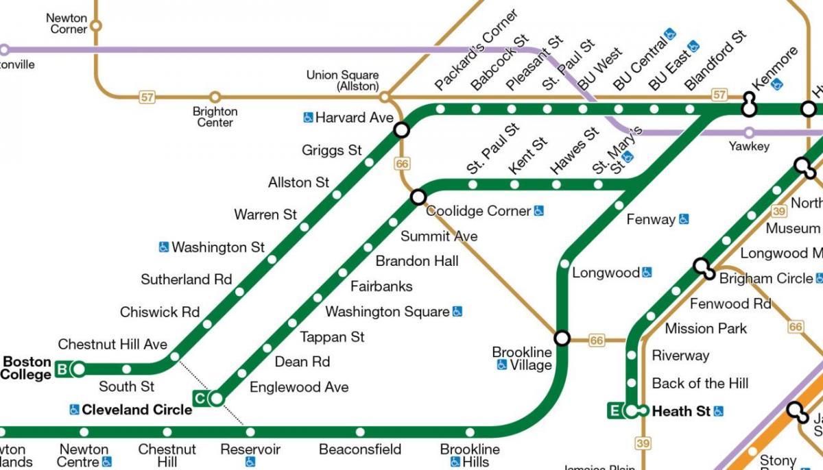 MBTA zelene crte mapu